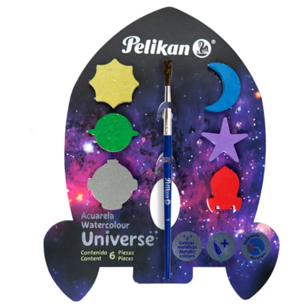 ACUARELA INFANTIL PELIKAN UNIVERSO METAL C/6 PASTILLAS