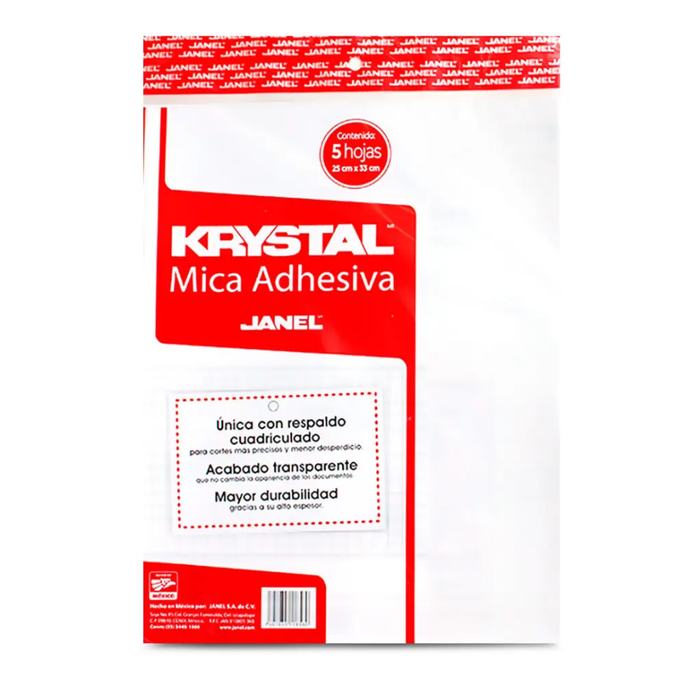 MICA ADHESIVA KRISTAL JANEL 25X33 CM. PTE. C/5 PZAS.