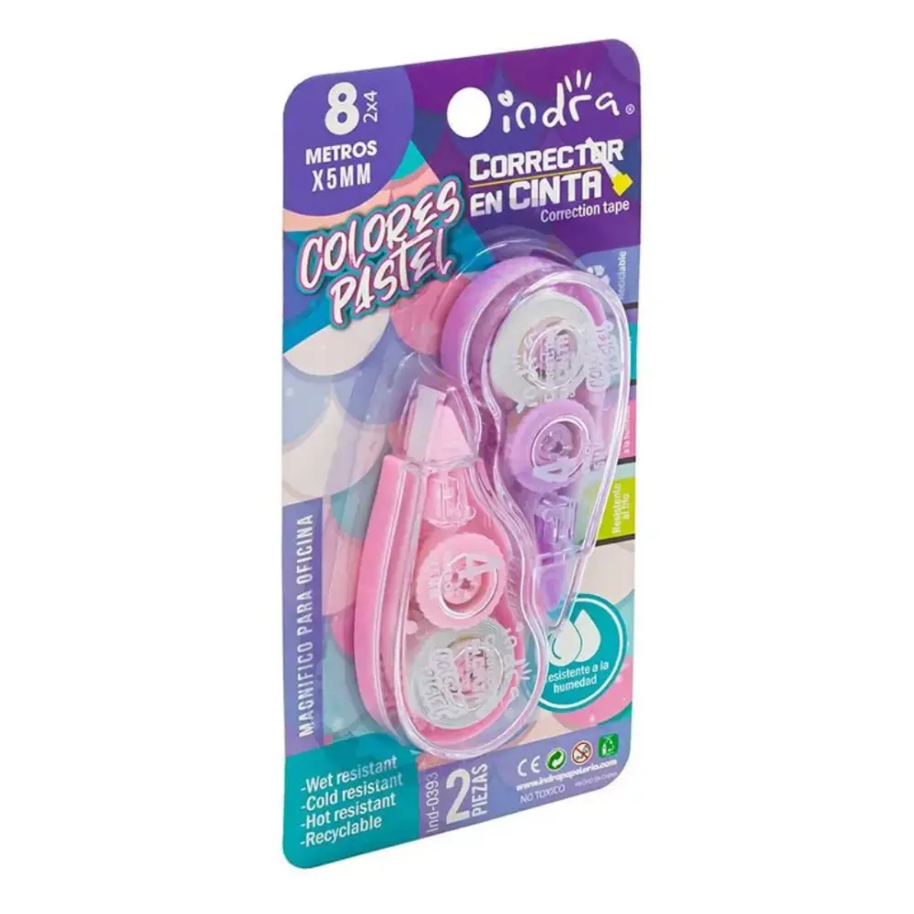CORRECTOR EN CINTA INDRA PASTEL BLISTER C/2 PZAS.