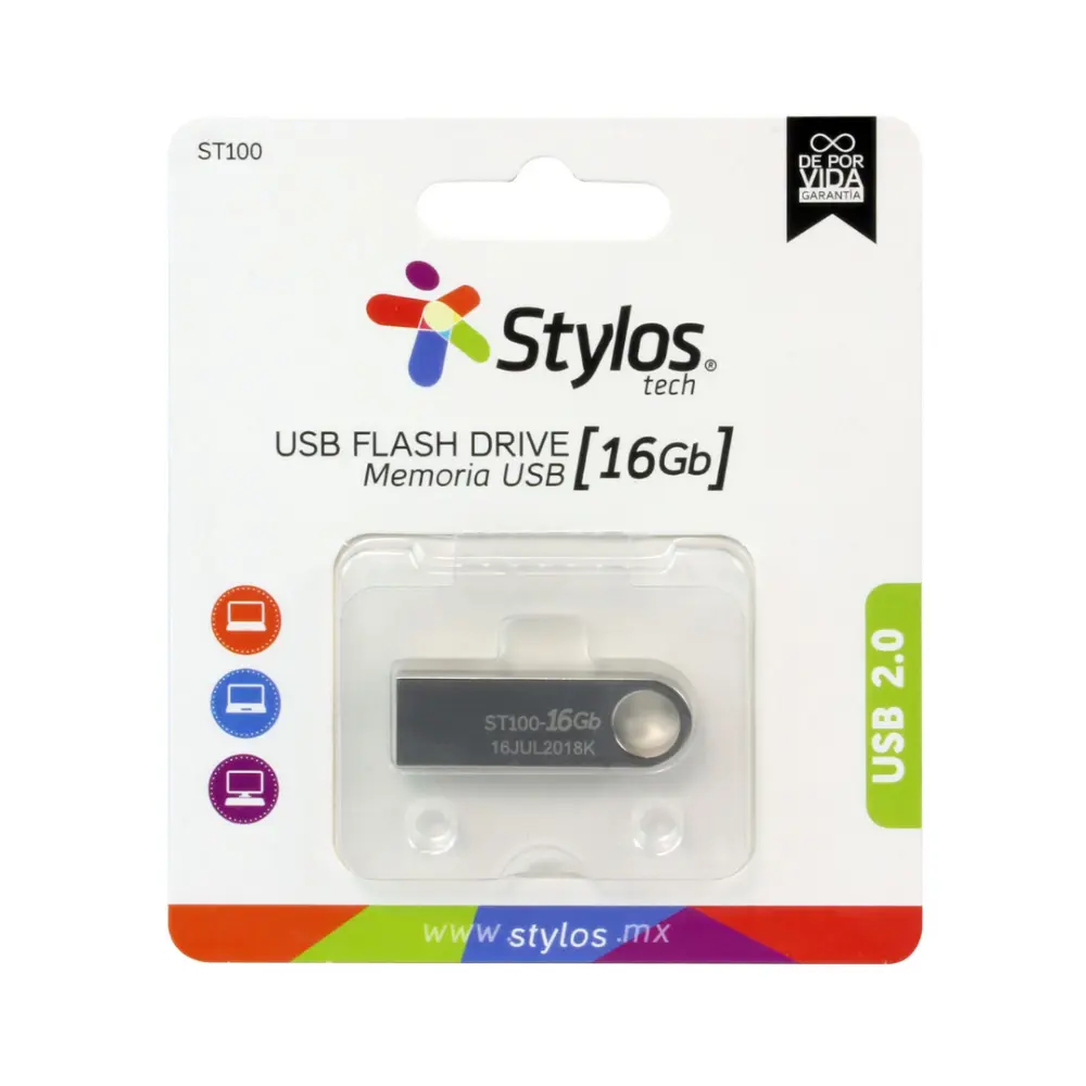 MEMORIA USB STYLOS 16GB ST100 PLATA