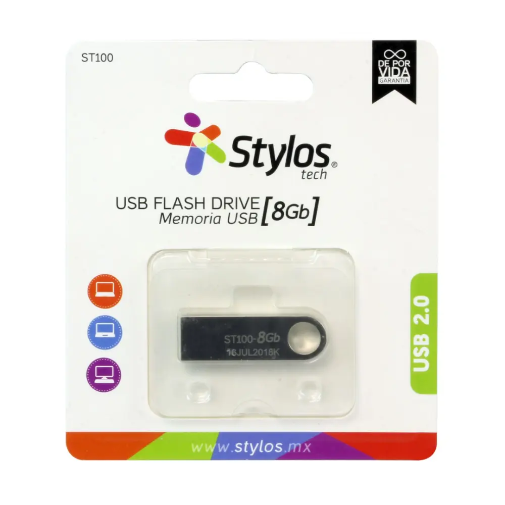 MEMORIA USB STYLOS 8GB ST100 PLATA