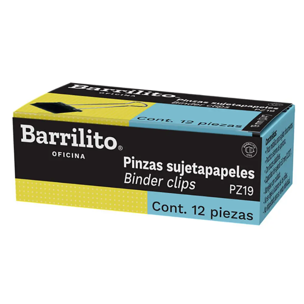 PINZA SUJETA PAPEL BARRILITO 19 MM. CAJA C/12 PZAS.