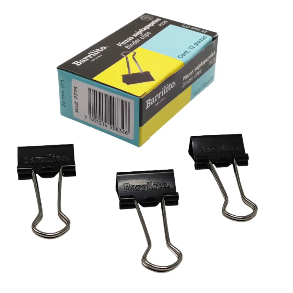 PINZA SUJETA PAPEL BARRILITO 25 MM 1 PULG. CAJA C/12