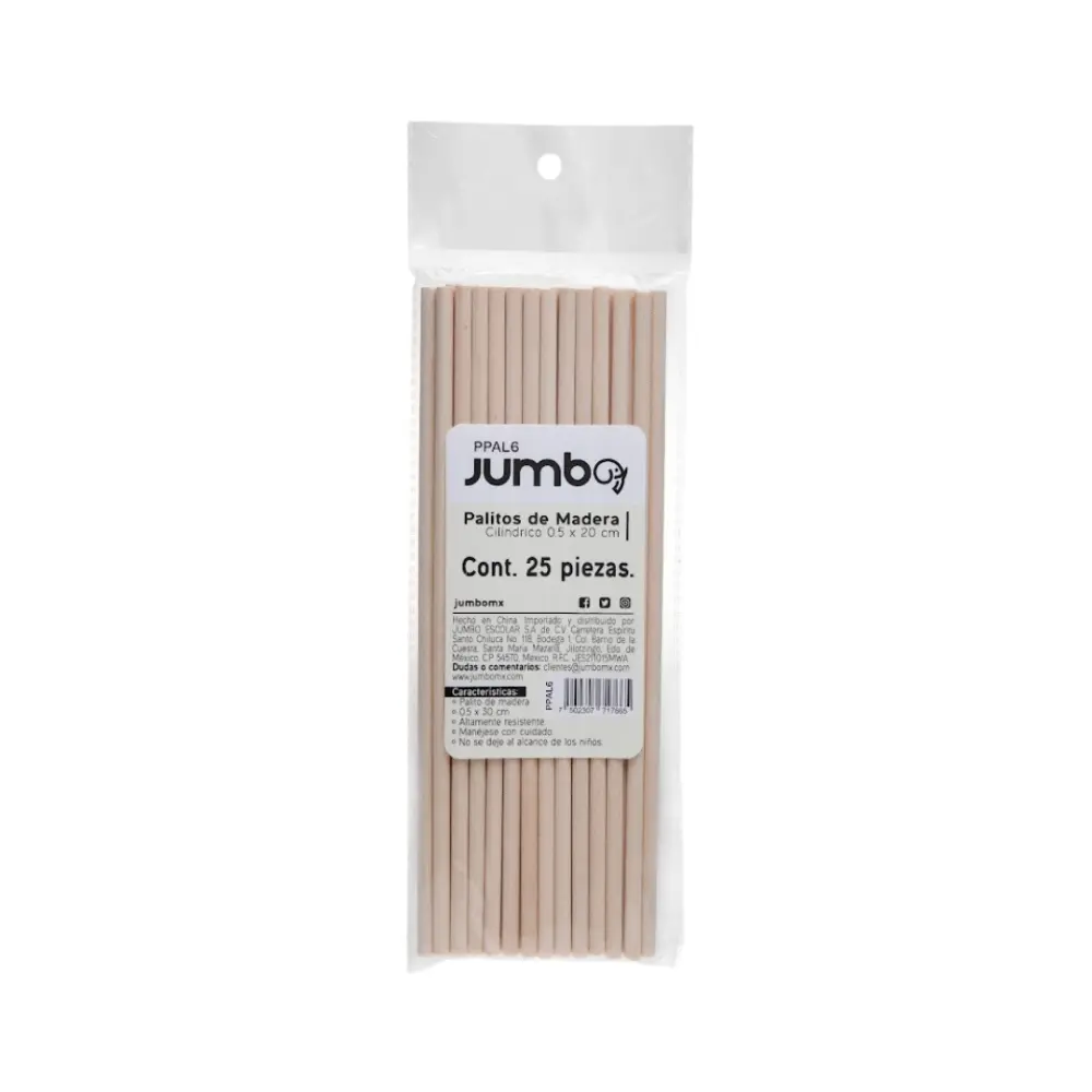 PALITO DE MADERA REDONDO 20 CM. X 6MM JUMBO BOLSA C/25