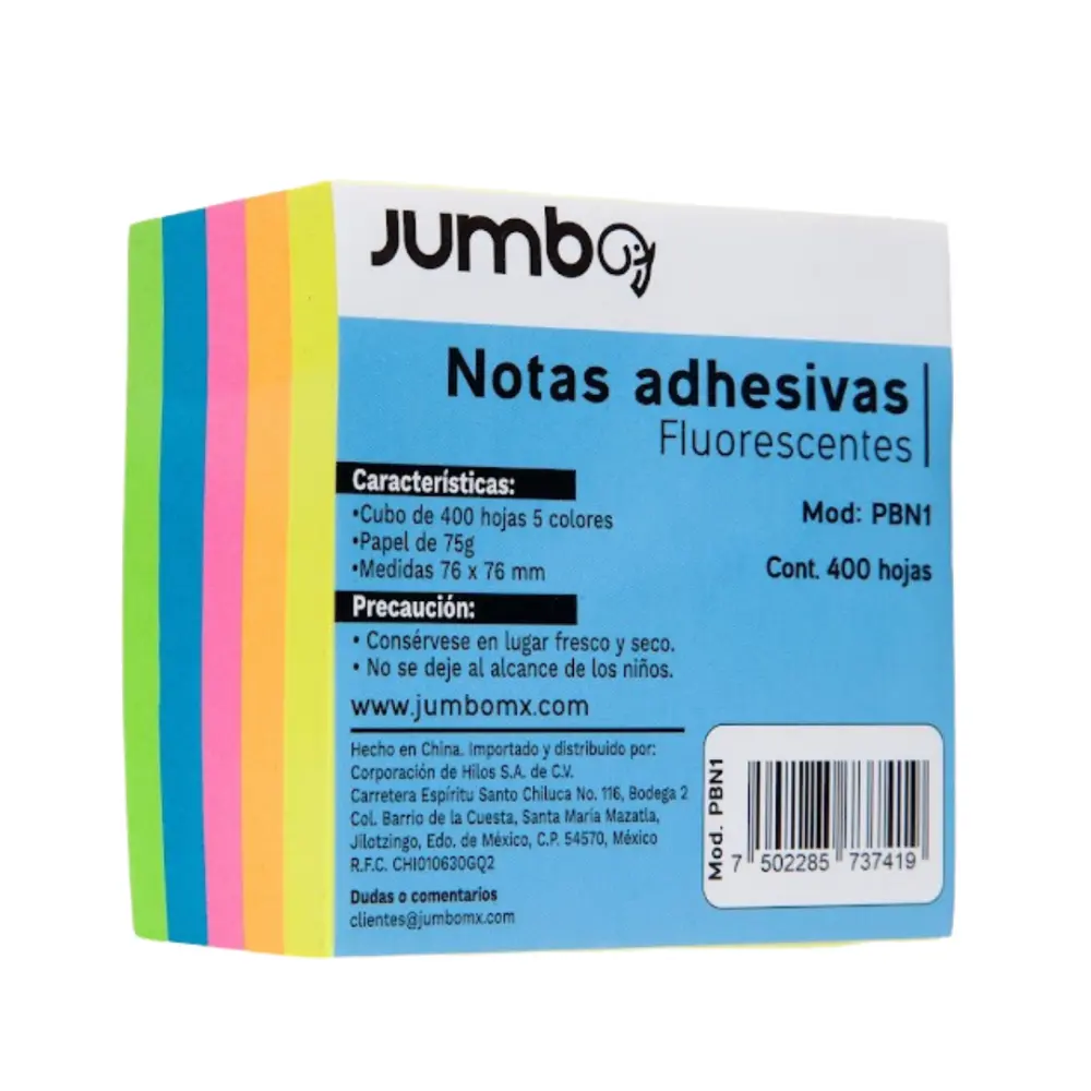 BLOCK DE NOTAS ADHESIVAS JUMBO 3X3 CUBO NEON 400 H. PBN1