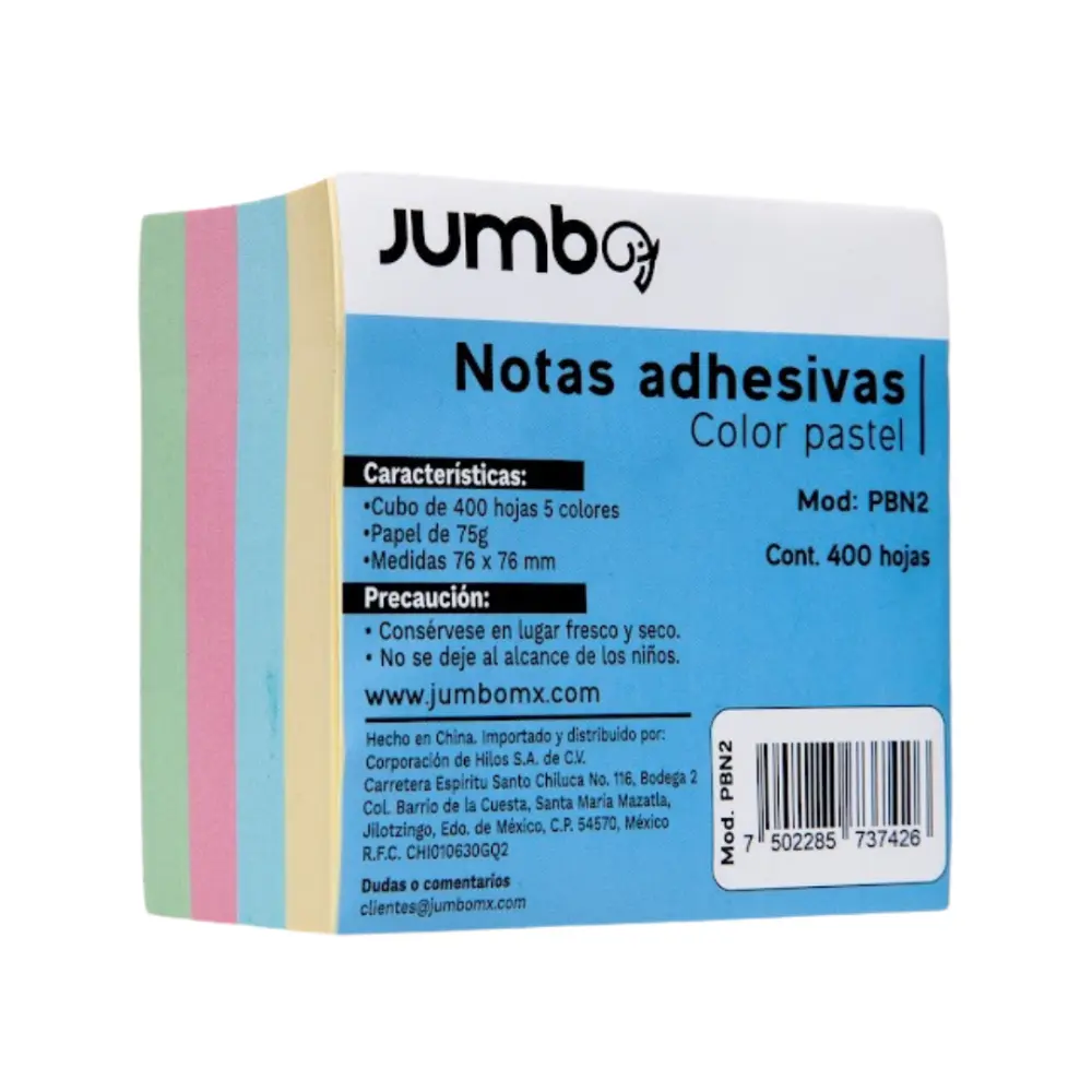 BLOCK DE NOTAS ADHESIVAS JUMBO 3X3 CUBO PASTEL 400 H. PBN2