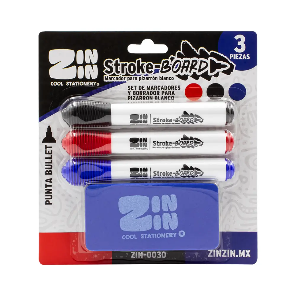 SET C/3 MARCADORES PARA PIZARRON CON BORRADOR ZIN-0030
