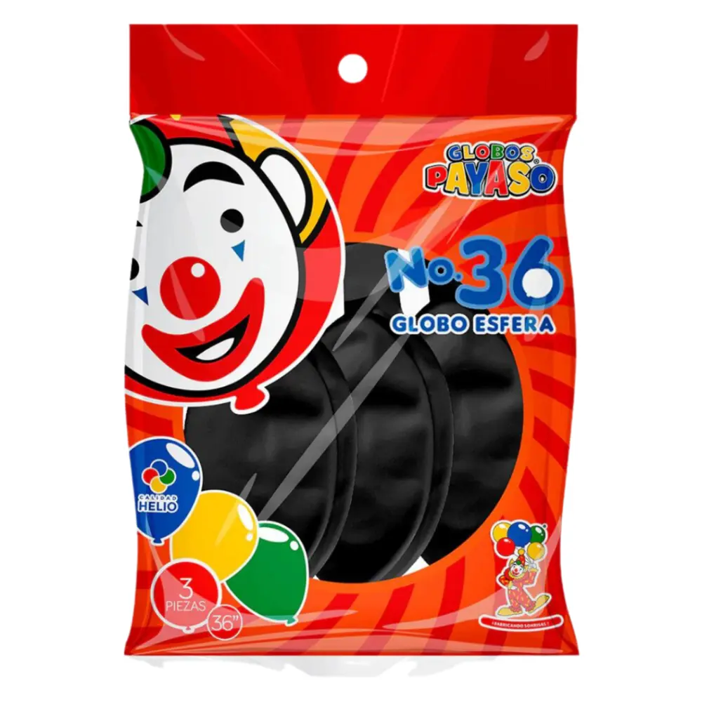 GLOBO PAYASO ESFERA NO.36 NEGRO BOLSA C/3 PZAS.