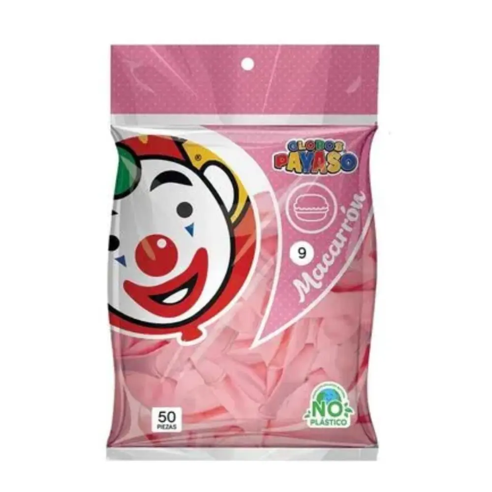 GLOBO PAYASO MACARRON NO. 9 FRESA BOLSA  C/50 PZAS.
