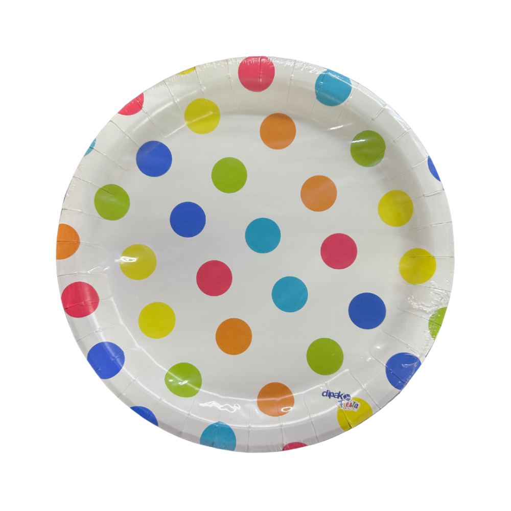 PLATO REDONDO 9" PTE. C/8 PZAS. COLORES PUNTOS