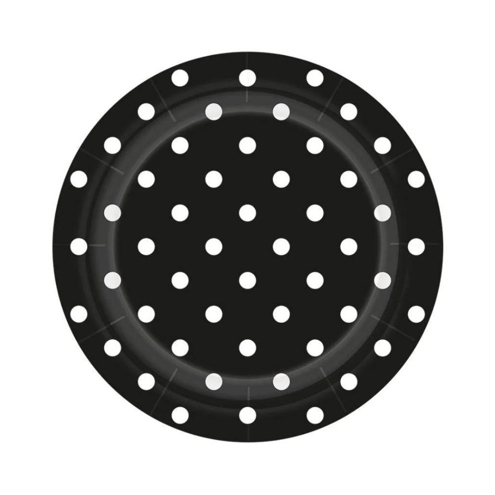 PLATO REDONDO 9" PTE. C/8 PZAS. NEGRO POLKA