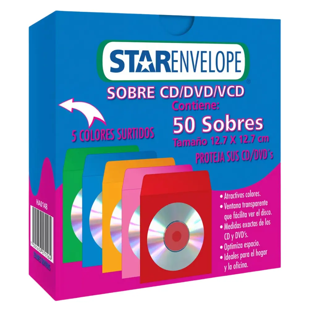 SOBRE STAR PARA CD COLORES CAJA C/50 PZAS