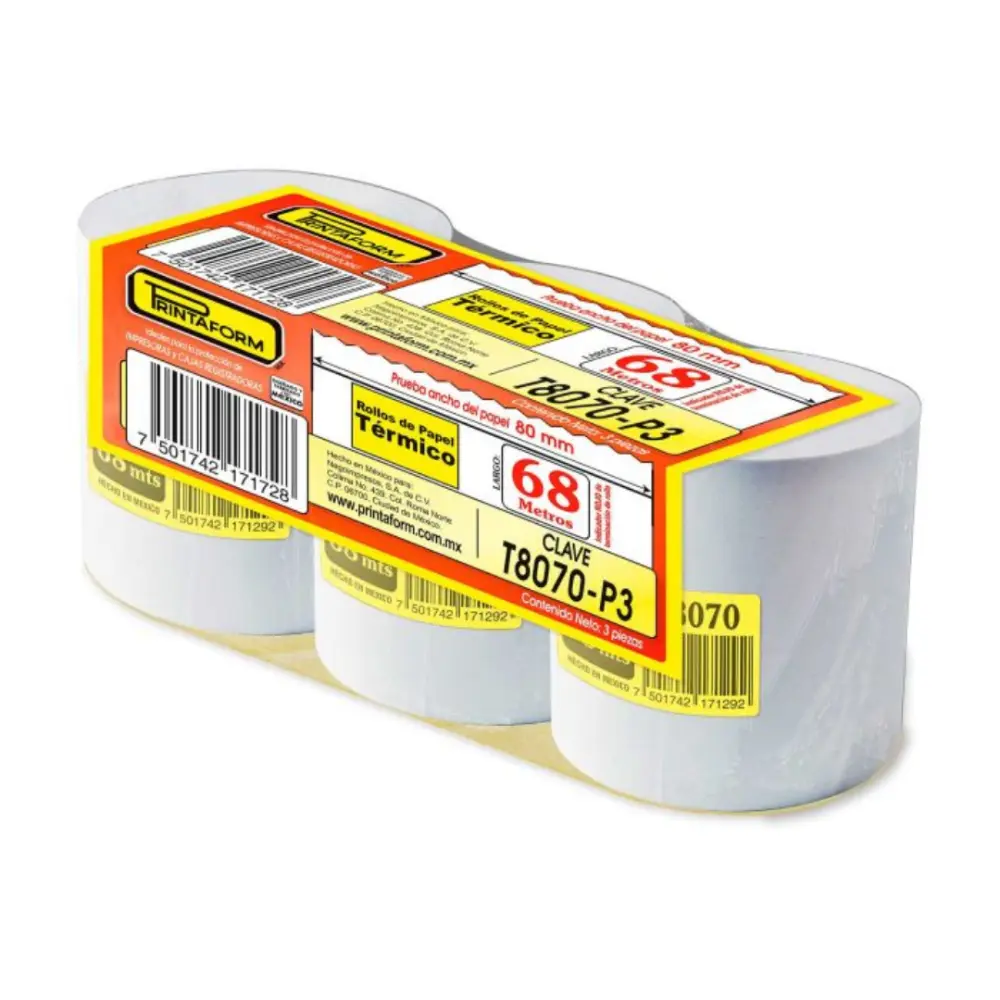 ROLLO PRINT. T8070 TERMICO 80X70 MM. PTE. C/3 PZAS.