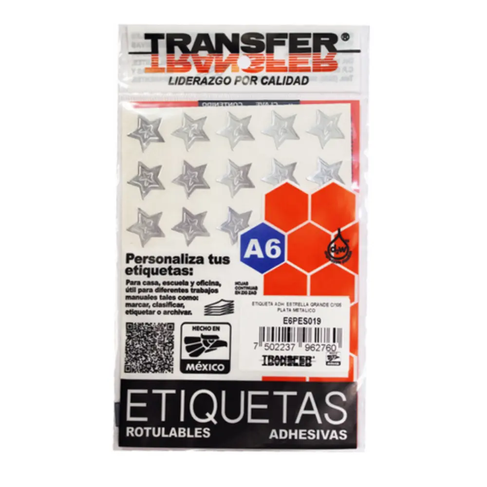 ESTRELLA ADHERIBLE GRANDE 19 MM C/105 PLATA TRANSFER
