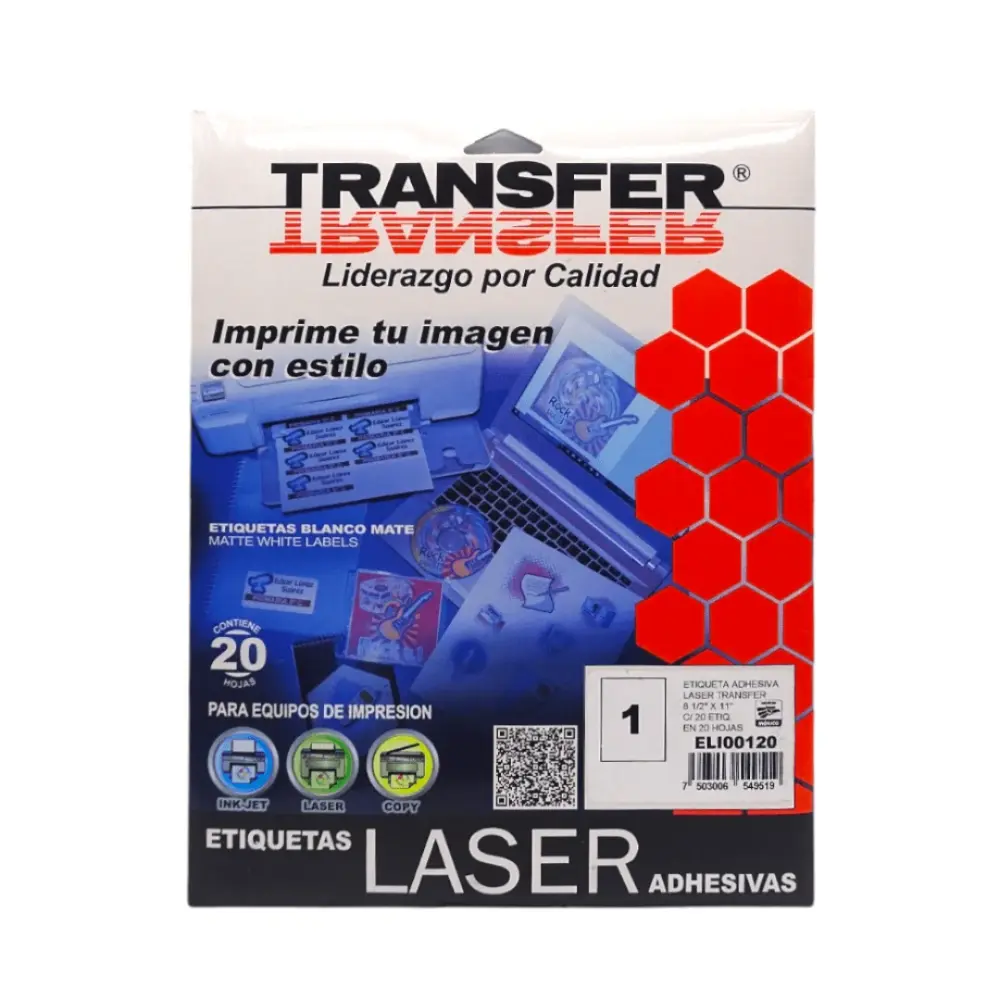 ETIQUETA ADHESIVA LASER TAMAÑO CARTA TRANSFER 8 1/2" X 11" C/20